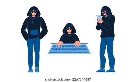 hacker man vector. computer data, security criminal, internet crime, information network, hack laptop hacker man character. people flat cartoon illustration