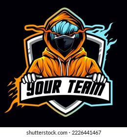 hacker mascot for sports and esports logo. Anonymous E-sports Gaming vector. Hacker Face Musk vector logo. Evil Face mask vector logo. Hoodie illustration