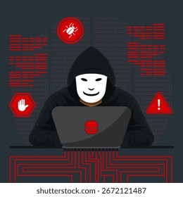Hacker in Maskenaktivität auf Laptop für Hacker-Konto mit Warnung und Fehlerwarnzeichen. Sicherheit beim Surfen im Internet und beim Diebstahl personenbezogener Daten.
