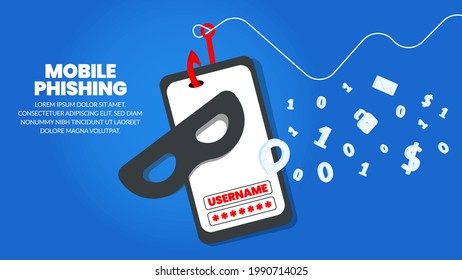 Hacker mask and fishing hook isolated on blue background. Phishing scam, Hacking credit cards, passwords and personal information. Cyber banking account attack and email phishing concept. Vector.