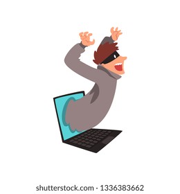 Hacker in Mask Getting Out of Laptop Screen, Internet Crime, Computer Security Technology Cartoon Vector Illustration