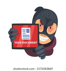 Hacker in Mask and Gloves Trying to Access Document Folder Vector Illustration
