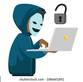 A hacker in mask holding a laptop. Caucasian man in mask unlocking laptop. Concept of cyber crime. Vector cartoon illustration isolated on white background.