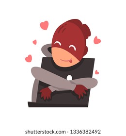 Hacker in Mask Hugging Laptop, Internet Crime, Computer Security Technology Cartoon Vector Illustration
