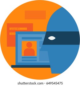 Hacker In Mask With Log On Screen.  Identity Theft Computer Fraud Abstract Icon Illustration Isolated Vector. Transparent.
