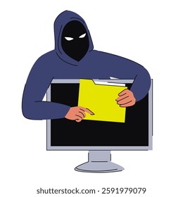 Hacker in mask stealing folder with personal data from computer vector isolated. Cyber security in danger. Digital crime. Risk of data theft. Concept of technology and cybercrime.