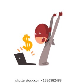 Hacker in Mask Stealing Money Using Laptop, Internet Crime, Computer Security Technology Cartoon Vector Illustration