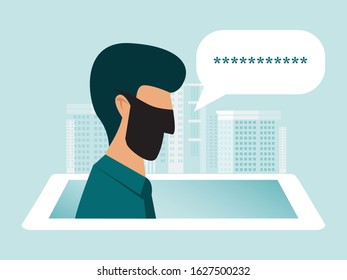 Hacker in mask stealing password from mobile phone. Thief steal personal data with password in smartphone. Cyber security and crime concept vector illustration