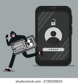 Hacker enmascarado robando datos de Inicio de sesión de un teléfono inteligente, mostrando robo de Contraseña, fraude de identidad y riesgos de seguridad móvil causados por ataques de piratería y robo de datos personales.