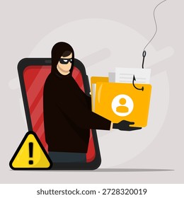 Hacker enmascarado robando archivos personales con gancho de un teléfono inteligente. Ataque de hackers y concepto de robo de datos personales.