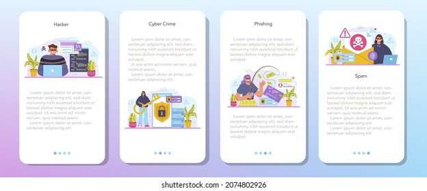 Hacker mobile application banner set. Cyber attack, thief stealing personal data and money from computer or smartphone. Digital data protection and database safety. Flat vector illustration