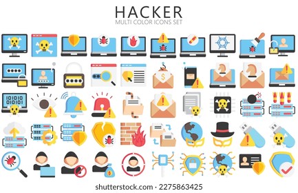 Conjunto de iconos de varios colores Hacker. contienen datos, seguridad, advertencia, phishing, computadora, anónimo y más. uso para concepto moderno, kit de interfaz de usuario o UX, web y aplicación. vector EPS 10 listo para convertir a SVG