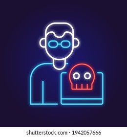 Hacker neon icon. Error. Virus. Thin line customizable illustration. Contour symbol. Vector isolated outline drawing