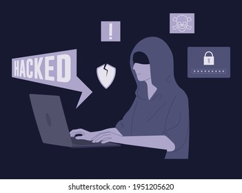 Hacker next to laptop hacking system. Vector illustration Cartoon flat design modern style.