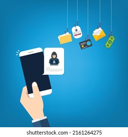 Hacker notification on mobile phone. Smartphone with hacker attack alert.