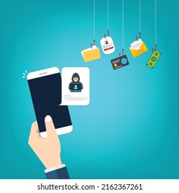 Hacker notification on mobile phone. Smartphone with hacker attack alert.