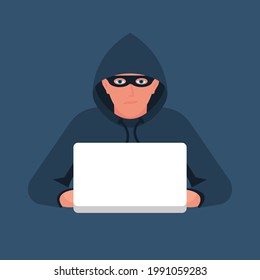 Hacker en una laptop. Concepto de ataque hacker. Seguridad de datos personales. Seguridad informática. Crimen en Internet. Diseño plano de ilustración vectorial. Aislado sobre fondo blanco.