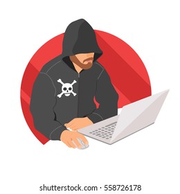 Hacker on laptop icon, flat design web criminal sign, virtual crime vector illustration