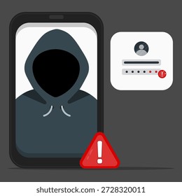 Hacker en un teléfono inteligente con advertencia de Inicio de sesión y símbolo de alerta. Concepto de ataque de phishing, violación de Cuenta, robo de datos personales y actividad de hackers.