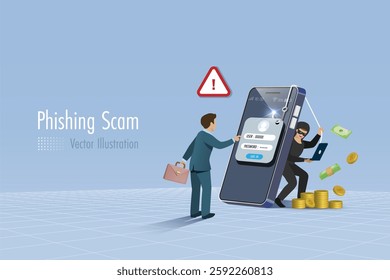 Hacker online phishing password from businessman on fake web template. Cyber crime attack against digital security system technology. 3D vector.