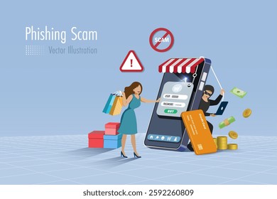 Hacker online phishing password, credit card information from online shopping woman customer on fake web template. Cyber crime attack against digital security system technology. 3D vector.