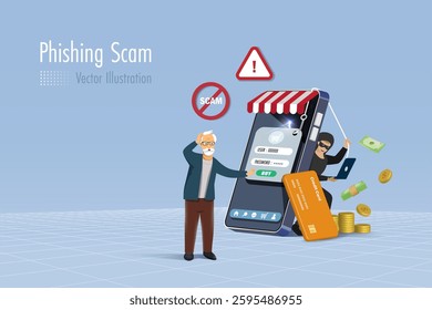 Hacker online phishing password, credit card information from online shopping elderly customer on fake web template. Cyber crime attack on senior against digital security system technology. 3D vector.