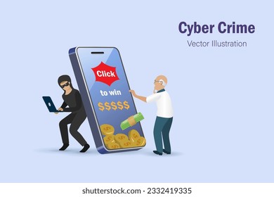 Hacker online phishing, scam fraud link on smartphone at senior man. Idea for digital online cyber crime, hacking, phishing, scaming and financial security concept.