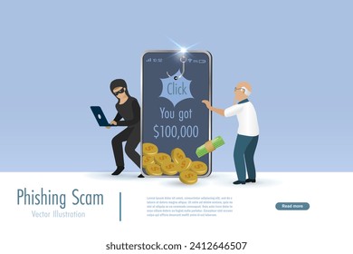 Hacker online phishing, scam fraud link on smartphone at senior man. Idea for digital online cyber crime, hacking, phishing, scaming and financial security concept.