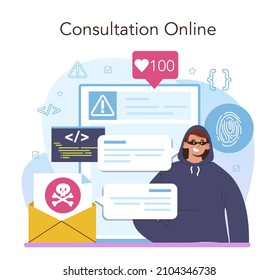 Servicio o plataforma en línea Hacker. Ladrón robando datos personales y dinero de computadora o smartphone. Protección digital de datos y seguridad de bases de datos. Consulta en línea. Ilustración vectorial plana
