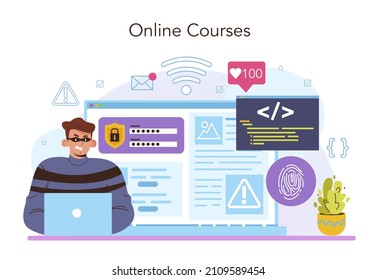 Hacker online service or platform. Thief stealing personal data and money from computer or smartphone. Digital data protection and database safety. Online course. Flat vector illustration