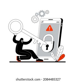 The hacker opens a virtual lock on the phone. The concept of a vector illustration on the topic of hacking mobile phones and hacker attacks.