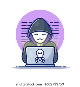 Hacker Operating A Laptop Vector Icon Illustration. Hacker And Laptop. Hacker And Technology Icon Concept White Isolated. Flat Cartoon Style Suitable for Web Landing Page, Banner, Sticker, Background