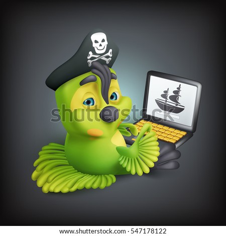 Hacker parrot in pirate hat with skull downloading from internet