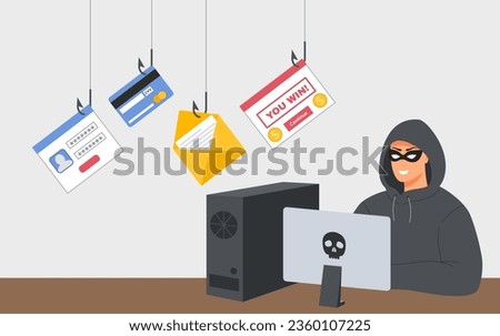 Hacker phishing attack. Web fraud, online security threats and spam danger. Hacker character with personal computer vector Illustration of phishing internet, computer attack and crime data