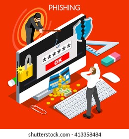 Hacker Phishing Computer Infection Infographic Flat Isometric People Spam Fishing Attack Threat Computer Infection Thief Person Hacker Cyber Attack Email Password Identity Wannacry Vector Illustration