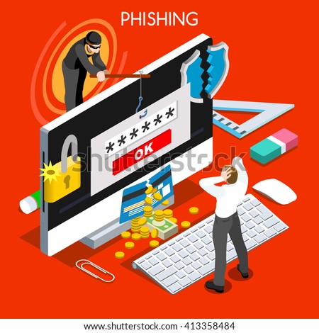 Hacker Phishing Computer Infection Infographic flat isometric People Spam fishing attack threat computer infection Thief Person hacker cyber attack email password identity Wannacry vector illustration