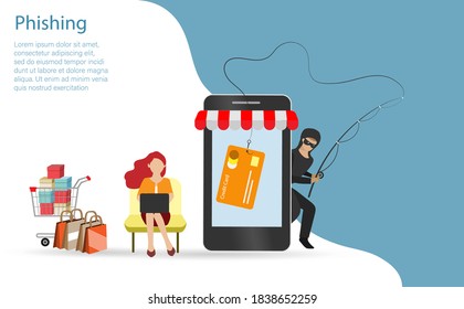 Hacker phishing credit card, financial information from online shopping woman customer. Idea for digital online cyber crime, hacking, phishing, scam, malware and financial security concept.