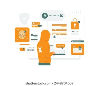 Hacker phishing cyber criminal breaking security, stealing hacking password data information, malware concept illustration