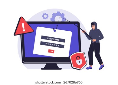 Hacker Phishing para la ilustración de datos de Inicio de sesión. Amenaza a la seguridad cibernética. Ilustración plana de Vector