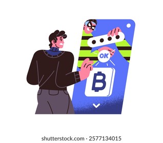 Hacker phishing password, hacking banking account, steals money. Thief cheats people in the Internet. Online scam, frauds concept. Cyber crime and security. Flat isolated vector illustration on white