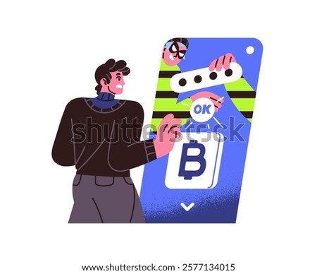 Hacker phishing password, hacking banking account, steals money. Thief cheats people in the Internet. Online scam, frauds concept. Cyber crime and security. Flat isolated vector illustration on white