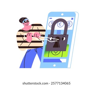 Hacker phishing password, hacking lock of banking account. Cyber thief steals digital money. Financial crime in the Internet. Scam, online fraud concept. Flat isolated vector illustration on white