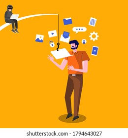Hacker phishing datos personales, concepto vectorial.  Hackeo y fraude de ataques de phishing de Internet a datos personales privados. Pequeña persona pirateando y robando correo electrónico y dinero. El concepto de vencedor del mal.