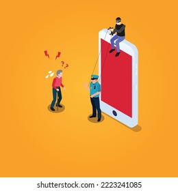 Hacker phishing senior man puppeted as police isometric 3d vector illustration concept for banner, website, illustration, landing page, flyer, etc.