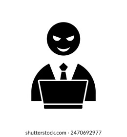 Hacker pictogram icon. Hacker operating a laptop.