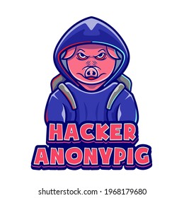 Hacker Pig Cartoon Logo Template. Cute Animal Pig Company Editable Logo. Pet Shop Logo Concept Flat Cartoon Style