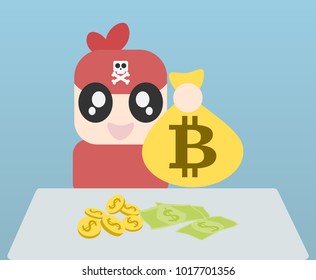 A hacker or pirate exchanges bitcoin currency for dollar or euro