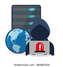Hacker-Planet und Laptop-Symbol. Cyber-Sicherheitssystem und Medienthema. Farbiges Design. Vektorillustration