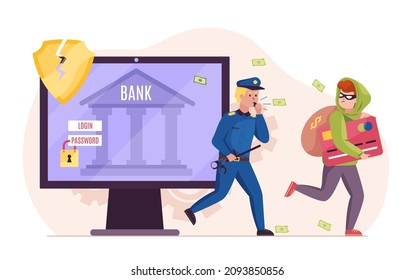 Hacker And Police. Cyber Security In Work. Policeman From Monitor Chasing Digital Criminal. Thief Runs Away From Guard. Banking Account Phishing. Online Safety. Vector Cybercrime Concept