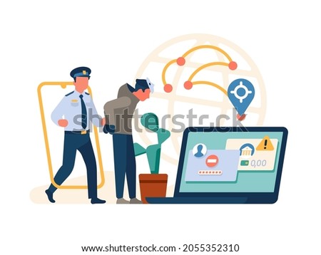 Hacker and police. Security guard arrested digital